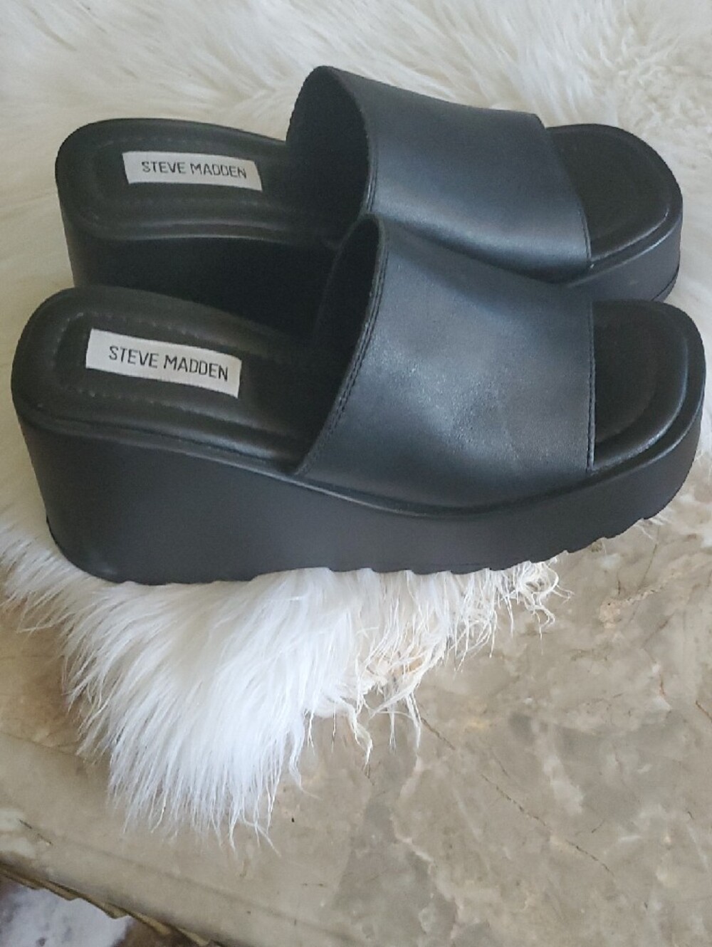 Y2k Steve Madden Grunge Black Open Toe Chunky Wedge Sandals 7.5 - Picture 10 of 11